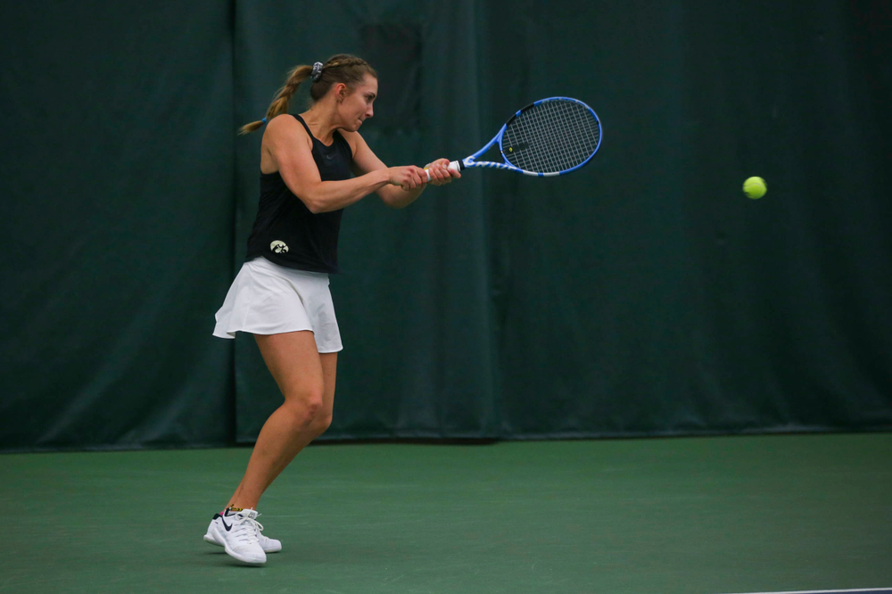 IowaÕs Ashleigh Jacobs at womenÕs tennis senior day vs Nebraska on Saturday, April 13, 2019 at the Hawkeye Tennis and Recreation Complex. (Lily Smith/hawkeyesports.com)