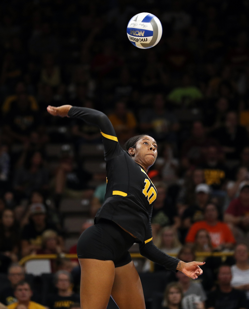Iowa Hawkeyes outside hitter Griere Hughes (10) against the Iowa State Cyclones Saturday, September 21, 2019 at Carver-Hawkeye Arena. (Brian Ray/hawkeyesports.com)
