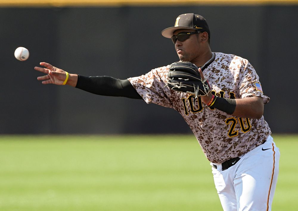 Iowa Hawkeyes second baseman Izaya Fullard (20) throws to first for an out during the sixth inning of their game against UC Irvine at Duane Banks Field in Iowa City on Sunday, May. 5, 2019. (Stephen Mally/hawkeyesports.com)
