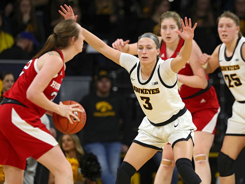 Iowa Hawkeyes guard Makenzie Meyer (3) defends during the third quarter of the game at Carver-Hawkeye Arena in Iowa City on Thursday, February 6, 2020. (Stephen Mally/hawkeyesports.com)