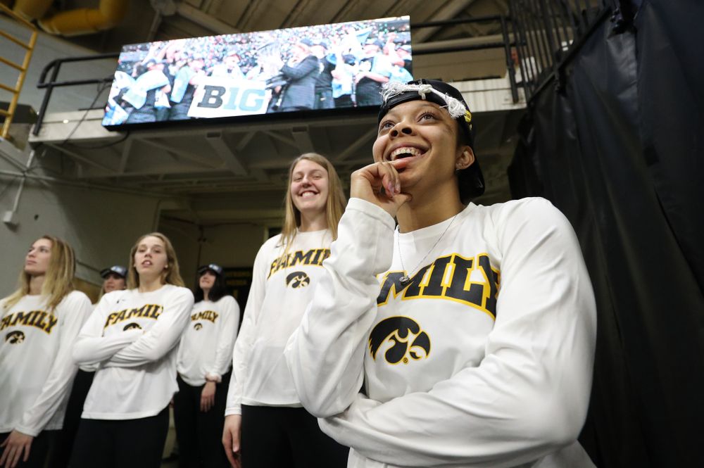 Iowa Hawkeyes guard Tania Davis (11) during a celebration of their Big Ten Women's Basketball Tournament championship Monday, March 18, 2019 at Carver-Hawkeye Arena. (Brian Ray/hawkeyesports.com)