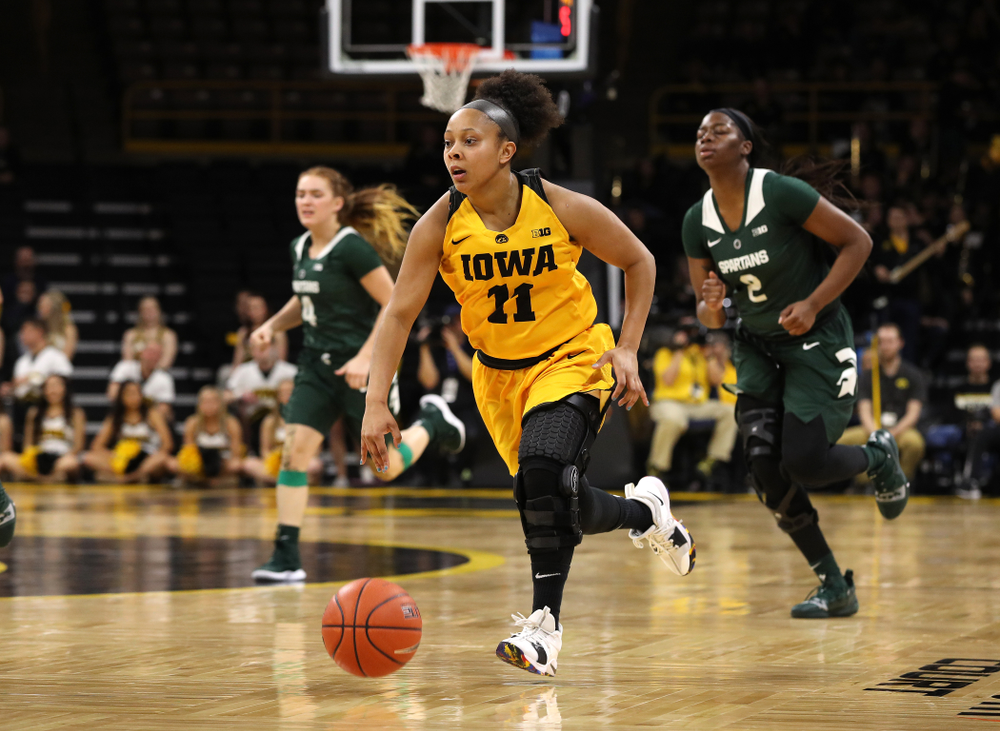 Iowa Hawkeyes guard Tania Davis (11) against the Michigan State Spartans Thursday, February 7, 2019 at Carver-Hawkeye Arena. (Brian Ray/hawkeyesports.com)