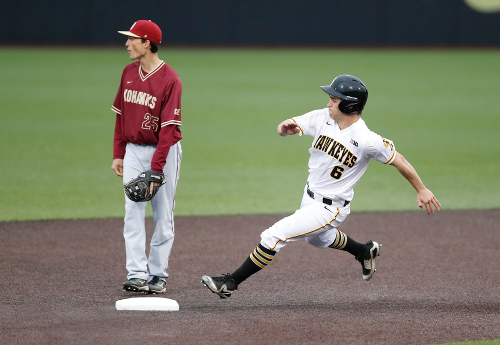 Iowa Hawkeyes outfielder Justin Jenkins (6) against Coe College Wednesday, April 11, 2018 at Duane Banks Field. (Brian Ray/hawkeyesports.com)
