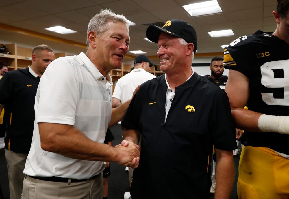 Iowa Hawkeyes head coach Kirk Ferentz and Reese Morgan against the Northern Illinois Huskies Saturday, September 1, 2018 at Kinnick Stadium. (Brian Ray/hawkeyesports.com)
