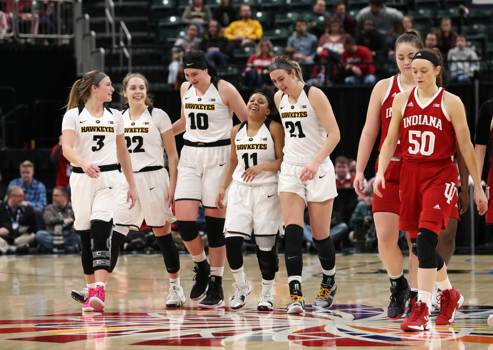 Iowa Hawkeyes guard Makenzie Meyer (3), guard Kathleen Doyle (22), forward Megan Gustafson (10), guard Tania Davis (11), forward Hannah Stewart (21) against the Indiana Hoosiers in the quarterfinals of the Big Ten Tournament Friday, March 8, 2019 at Bankers Life Fieldhouse in Indianapolis, Ind. (Brian Ray/hawkeyesports.com)