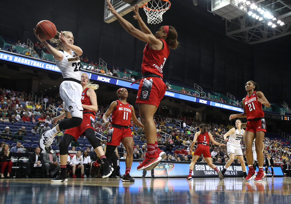 Iowa Hawkeyes guard Kathleen Doyle (22) against the NC State Wolfpack in the regional semi-final of the 2019 NCAA Women's College Basketball Tournament Saturday, March 30, 2019 at Greensboro Coliseum in Greensboro, NC.(Brian Ray/hawkeyesports.com)