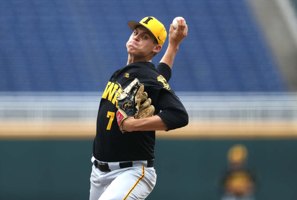 Iowa Hawkeyes Grant Judkins (7) against the Nebraska Cornhuskers in the first round of the Big Ten Baseball Tournament Friday, May 24, 2019 at TD Ameritrade Park in Omaha, Neb. (Brian Ray/hawkeyesports.com)