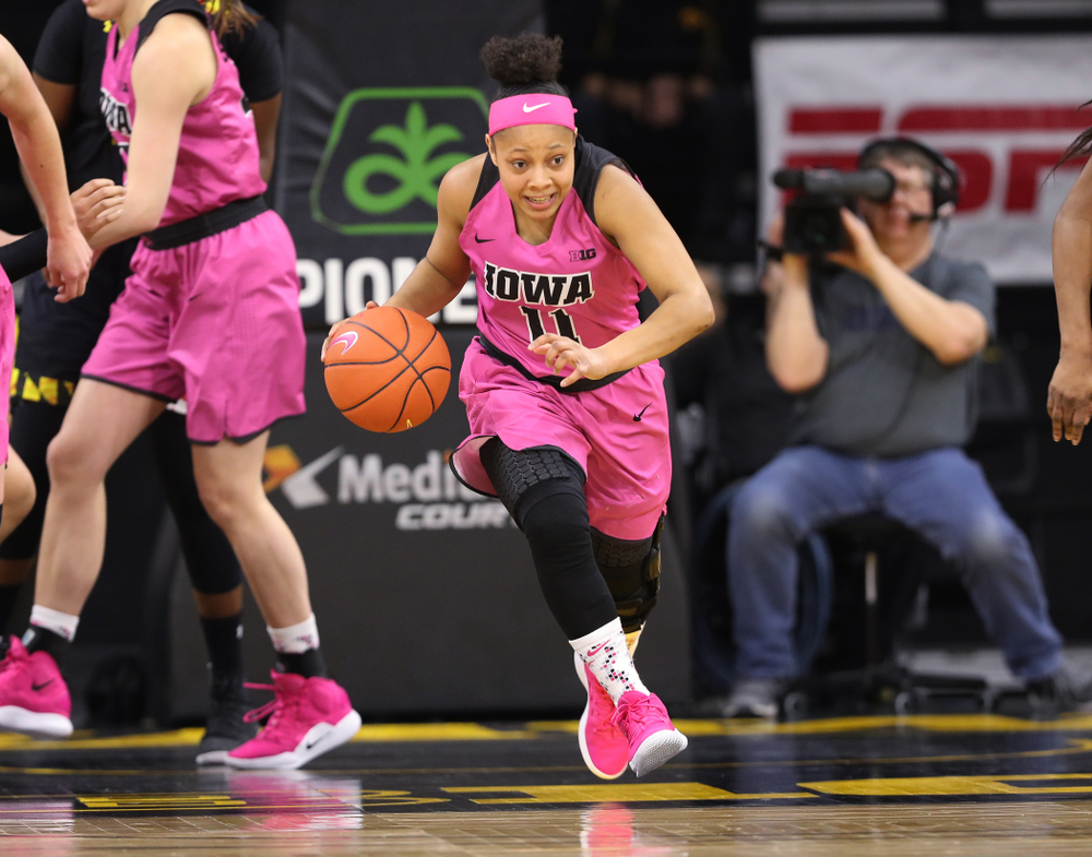 Iowa Hawkeyes guard Tania Davis (11) against the seventh ranked Maryland Terrapins Sunday, February 17, 2019 at Carver-Hawkeye Arena. (Brian Ray/hawkeyesports.com)