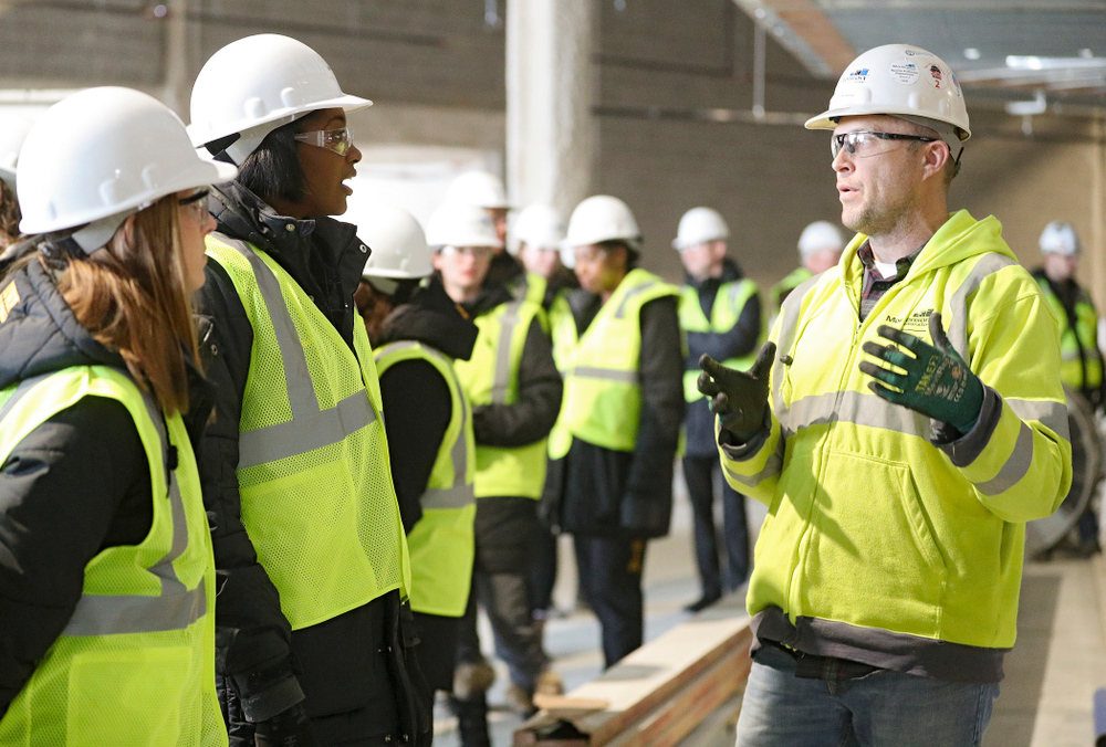 Iowa head coach Vicki Brown asks a question as the Iowa Volleyball team and staff take a construction tour of Xtream Arena in Coralville on Thursday, January 30, 2020. (Stephen Mally/hawkeyesports.com)