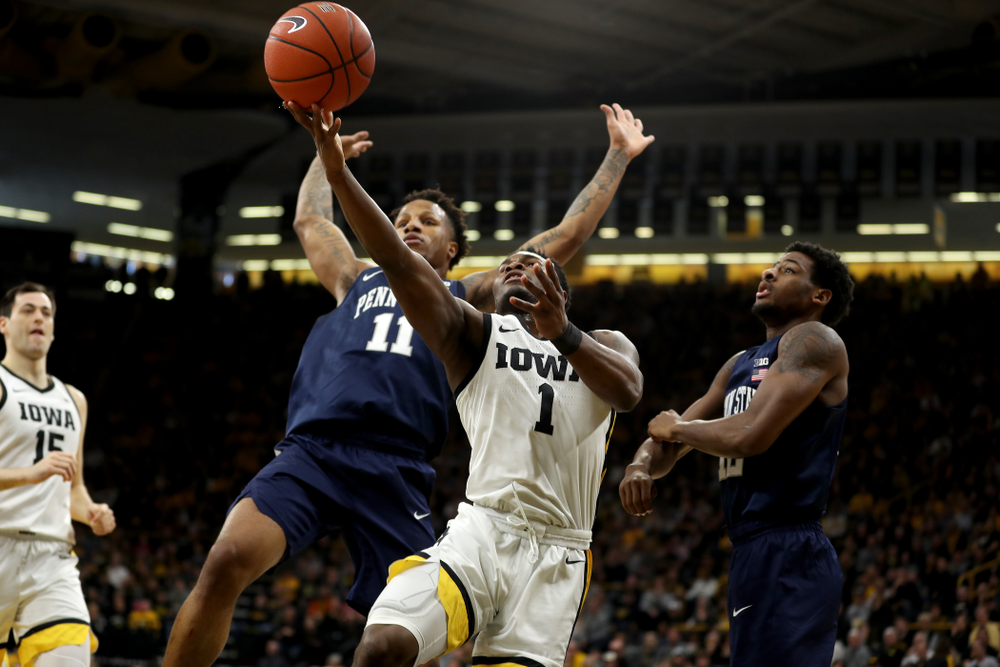 Iowa Hawkeyes guard Joe Toussaint (1) against Penn State Saturday, February 29, 2020 at Carver-Hawkeye Arena. (Brian Ray/hawkeyesports.com)