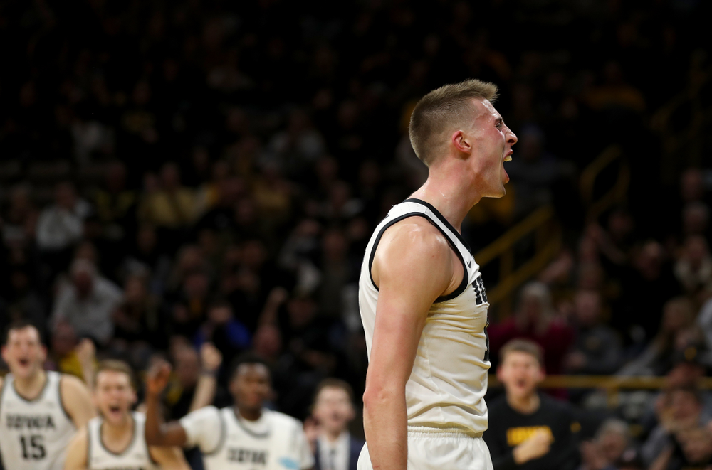 Iowa Hawkeyes guard Joe Wieskamp (10) celebrates after making a basket and drawing a foul against the Maryland Terrapins Friday, January 10, 2020 at Carver-Hawkeye Arena. (Brian Ray/hawkeyesports.com)