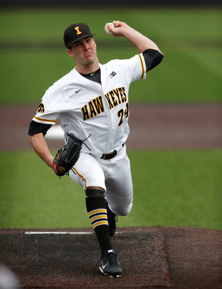 Iowa Hawkeyes pitcher Nick Allgeyer (24) during a double header against the Indiana Hoosiers Friday, March 23, 2018 at Duane Banks Field. (Brian Ray/hawkeyesports.com)