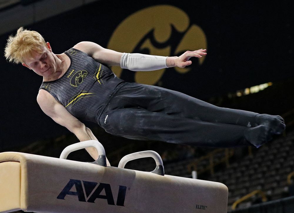Iowa's Nick Merryman competes in the pommel during the first day of the Big Ten Men's Gymnastics Championships at Carver-Hawkeye Arena in Iowa City on Friday, Apr. 5, 2019. (Stephen Mally/hawkeyesports.com)