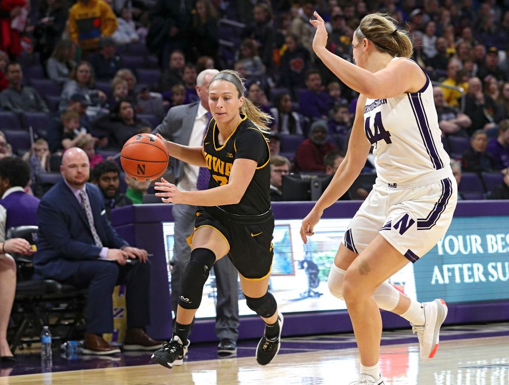 Iowa Hawkeyes guard Makenzie Meyer (3) drives with the ball during the first quarter of their game at Welsh-Ryan Arena in Evanston, Ill. on Sunday, January 5, 2020. (Stephen Mally/hawkeyesports.com)
