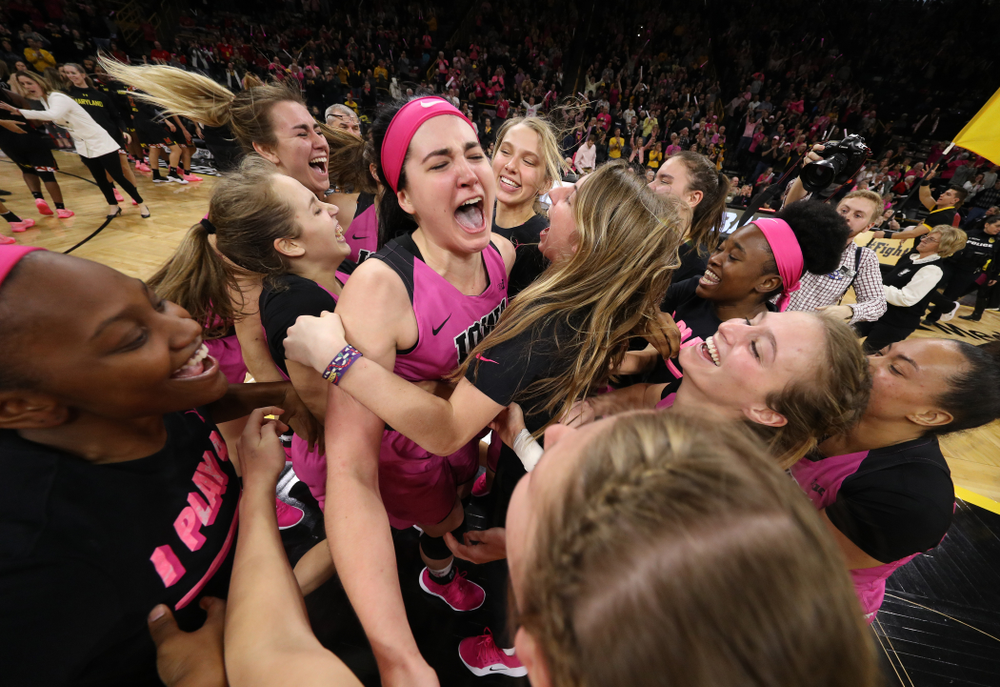 The Iowa Hawkeyes celebrate their victory against the seventh ranked Maryland Terrapins Sunday, February 17, 2019 at Carver-Hawkeye Arena. (Brian Ray/hawkeyesports.com)