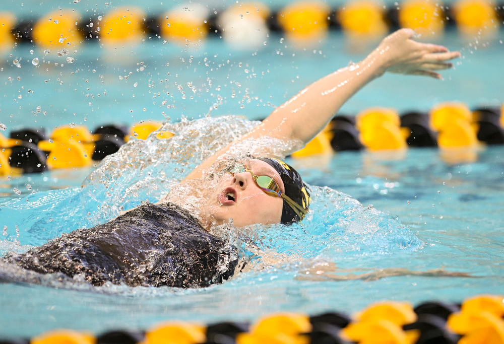 Iowa’s Emilia Sansome swims in the women’s 200 yard backstroke preliminary event during the 2020 Women’s Big Ten Swimming and Diving Championships at the Campus Recreation and Wellness Center in Iowa City on Saturday, February 22, 2020. (Stephen Mally/hawkeyesports.com)