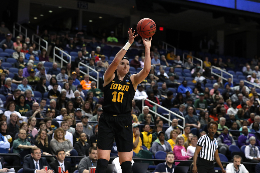 Iowa Hawkeyes forward Megan Gustafson (10) against the Baylor Lady Bears in the regional final of the 2019 NCAA Women's College Basketball Tournament Monday, April 1, 2019 at Greensboro Coliseum in Greensboro, NC.(Brian Ray/hawkeyesports.com)