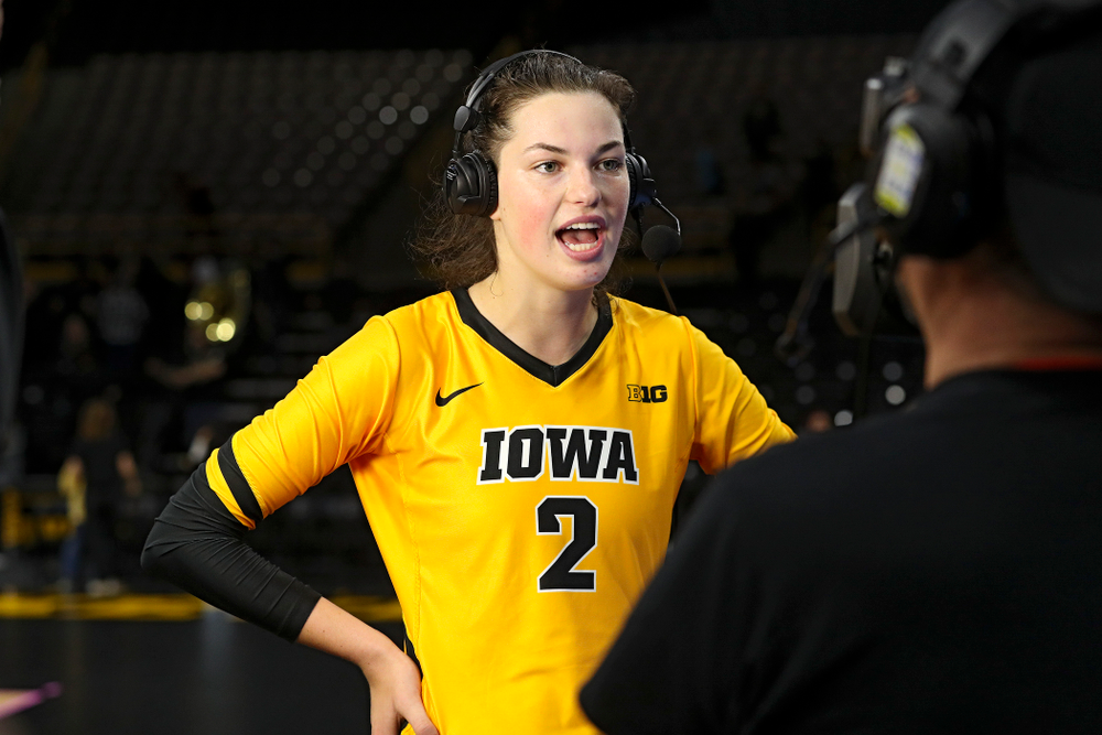 Iowa’s Courtney Buzzerio (2) answers question on BTN after winning their match at Carver-Hawkeye Arena in Iowa City on Sunday, Oct 20, 2019. (Stephen Mally/hawkeyesports.com)