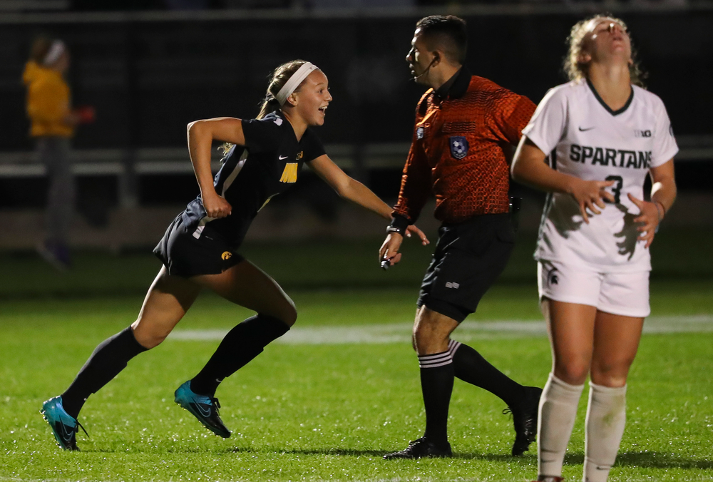 Iowa Hawkeyes midfielder Hailey Rydberg (2) celebrates after scoring a goal during a game against Michigan State at the Iowa Soccer Complex on October 12, 2018. (Tork Mason/hawkeyesports.com)