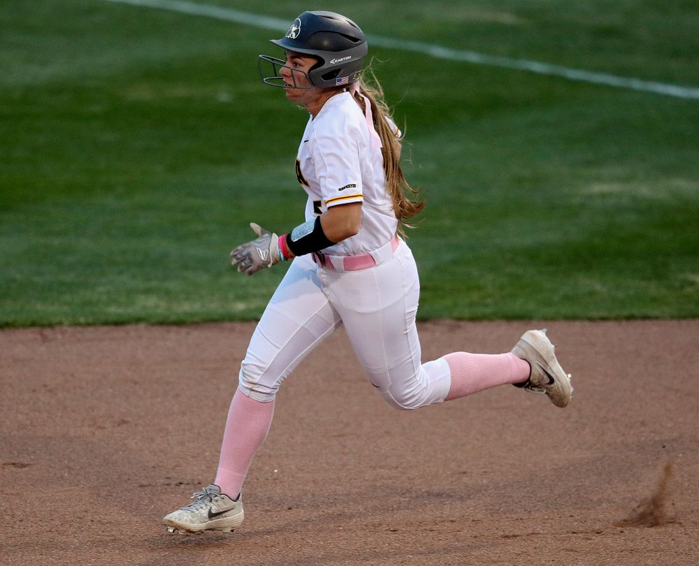 Iowa shortstop Sydney Owens (5) runs to second base after hitting a double during the fifth inning of their game against Iowa State at Pearl Field in Iowa City on Tuesday, Apr. 9, 2019. (Stephen Mally/hawkeyesports.com)
