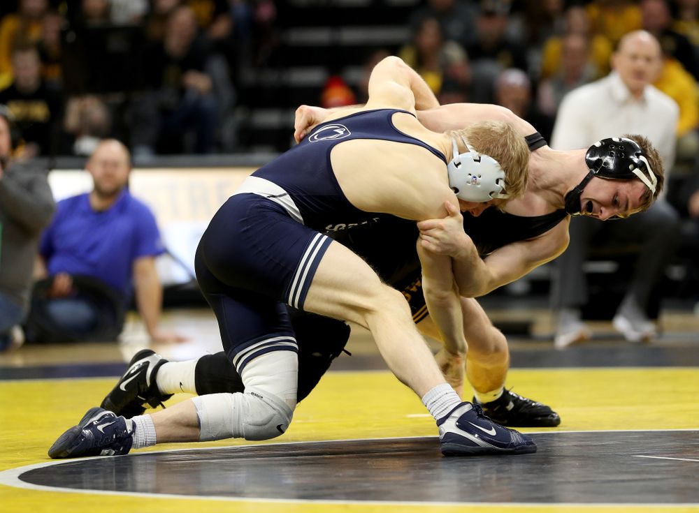 Iowa’s Spencer Lee wrestles Penn State’s Brandon Meredith at 125 pounds Friday, January 31, 2020 at Carver-Hawkeye Arena.Lee won the match by technical fall. (Brian Ray/hawkeyesports.com)