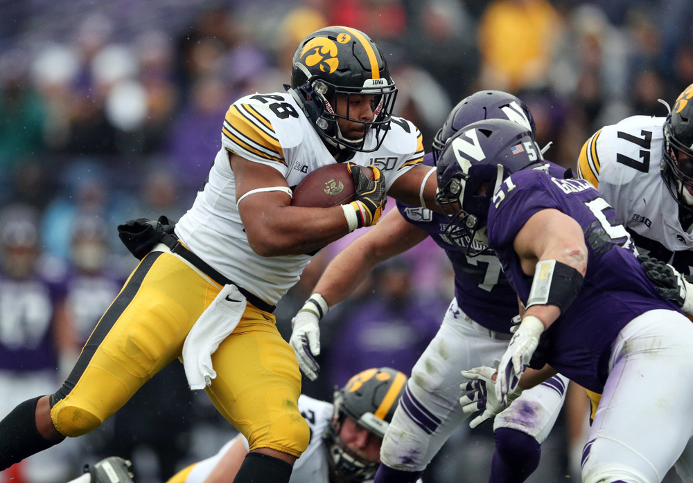 Iowa Hawkeyes running back Toren Young (28) against the Northwestern Wildcats Saturday, October 26, 2019 at Ryan Field in Evanston, Ill. (Brian Ray/hawkeyesports.com)