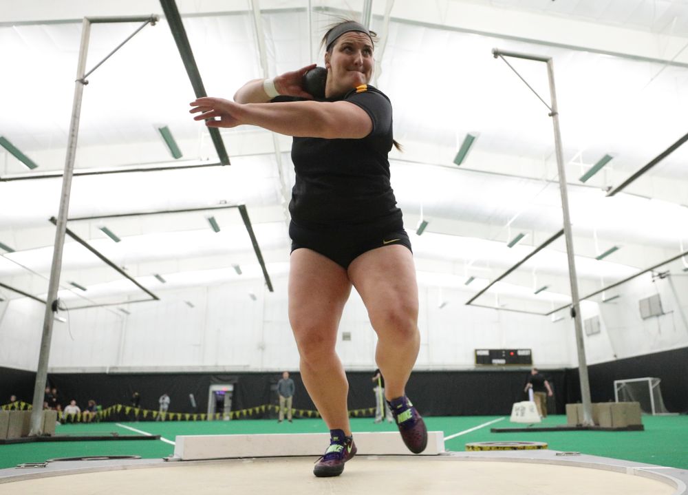 Iowa’s Jamie Kofron throws in the women’s shot put event during the Larry Wieczorek Invitational at the Hawkeye Tennis and Recreation Complex in Iowa City on Friday, January 17, 2020. (Stephen Mally/hawkeyesports.com)