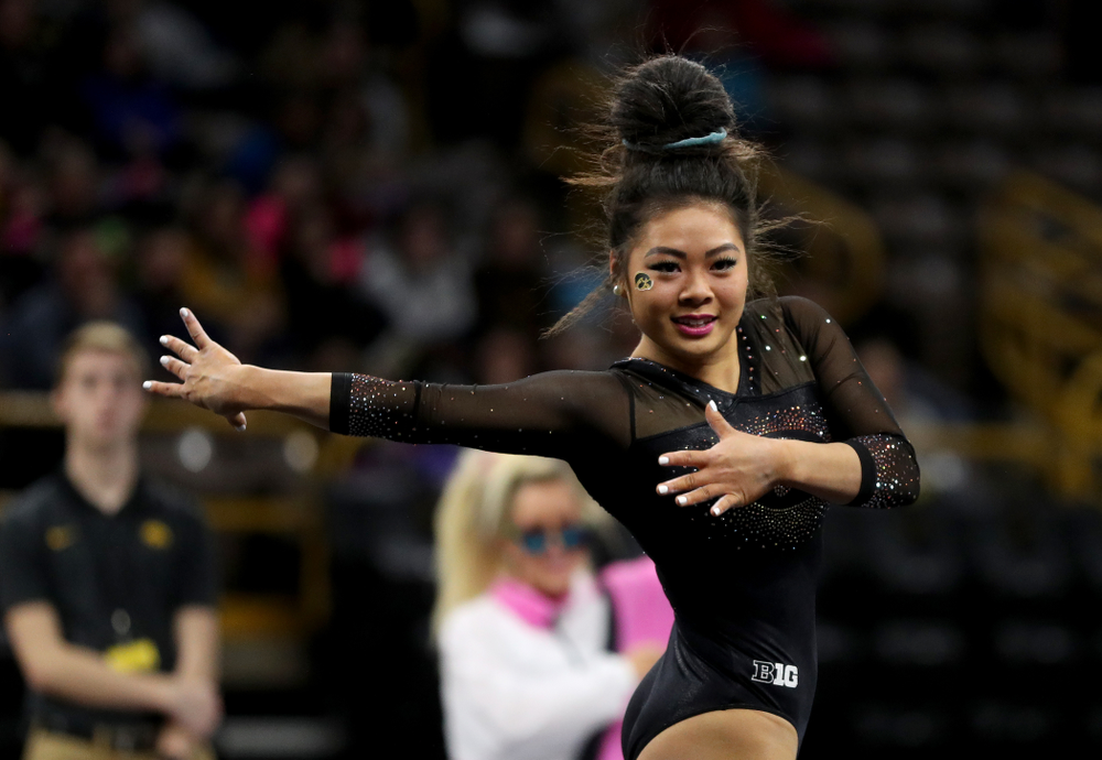 Iowa’s Claire Kaji competes on the floor against Michigan Friday, February 14, 2020 at Carver-Hawkeye Arena. (Brian Ray/hawkeyesports.com)