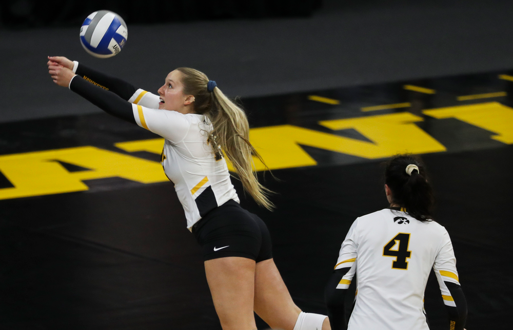 Iowa Hawkeyes defensive specialist Maddie Slagle (15) bumps the ball during a match against Rutgers at Carver-Hawkeye Arena on November 2, 2018. (Tork Mason/hawkeyesports.com)