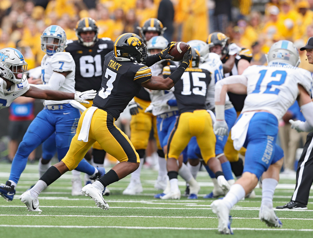 Iowa Hawkeyes wide receiver Tyrone Tracy Jr. (3) pulls in a pass during third quarter of their game at Kinnick Stadium in Iowa City on Saturday, Sep 28, 2019. (Stephen Mally/hawkeyesports.com)