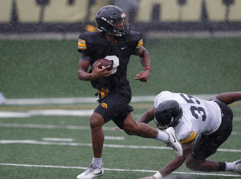 Iowa Hawkeyes wide receiver Tyrone Tracy Jr. (3) and linebacker Barrington Wade (35) during camp practice No. 15 Monday, August 20, 2018 at the Hansen Football Performance Center. (Brian Ray/hawkeyesports.com)