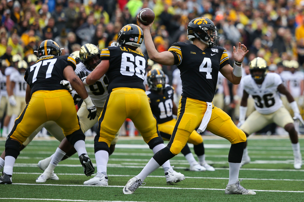 Iowa Hawkeyes quarterback Nate Stanley (4) during Iowa football vs Purdue on Saturday, October 19, 2019 at Kinnick Stadium. (Lily Smith/hawkeyesports.com)