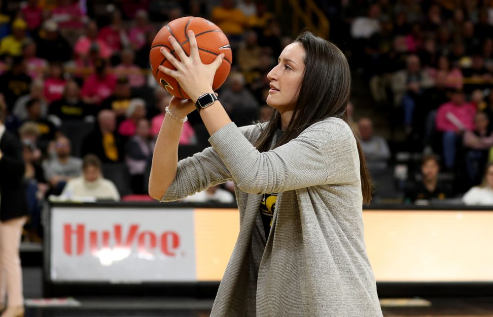 Former player Bethany Doolittle shoots free throws during the Iowa Hawkeyes game against the Wisconsin Badgers Sunday, February 16, 2020 at Carver-Hawkeye Arena. (Brian Ray/hawkeyesports.com)