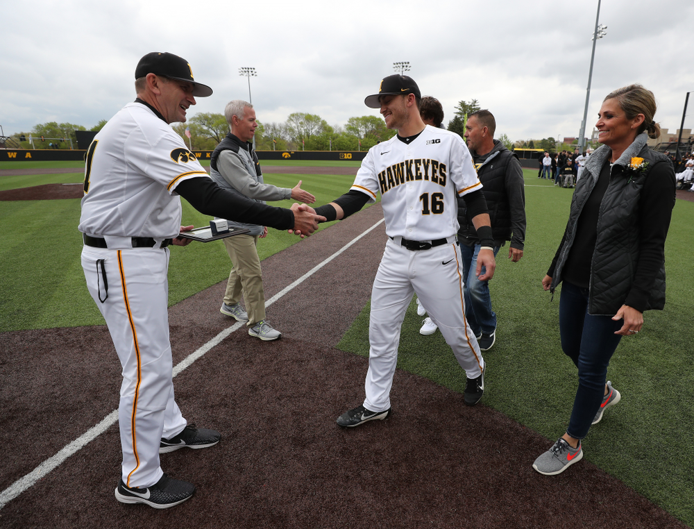 Iowa Hawkeyes Tanner Wetrich (16) during senior day festivities before their game against Michigan State Sunday, May 12, 2019 at Duane Banks Field. (Brian Ray/hawkeyesports.com)