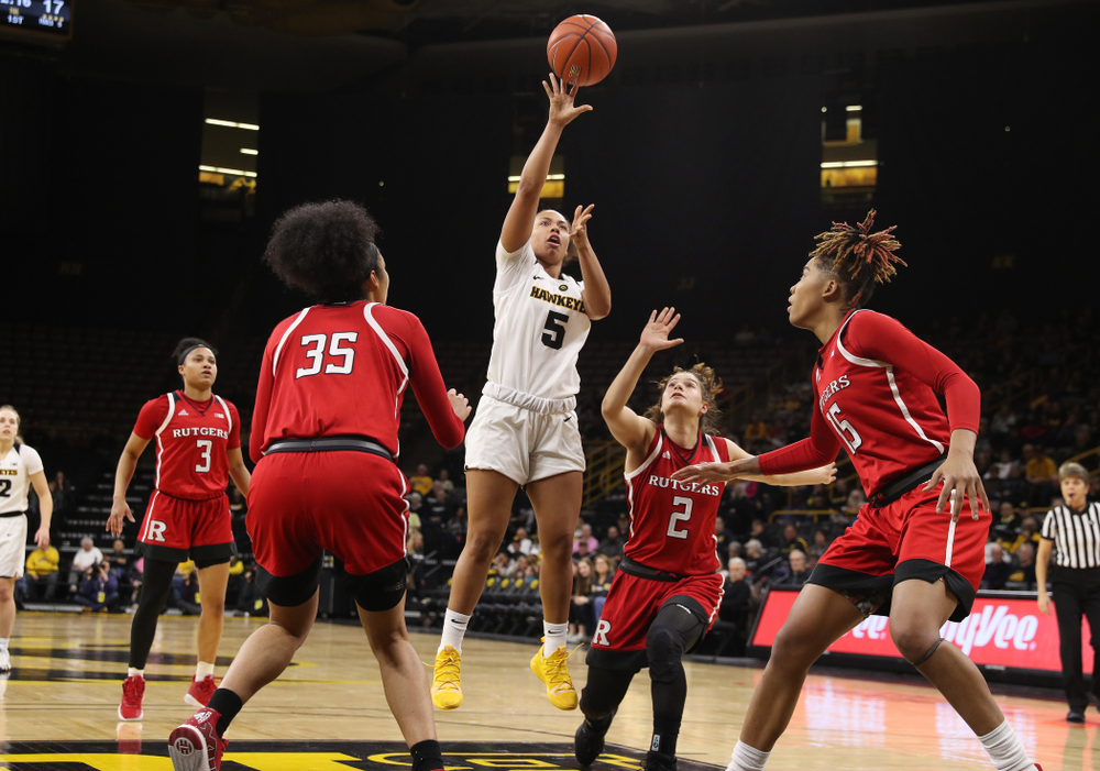Iowa Hawkeyes guard Alexis Sevillian (5) against the Rutgers Scarlet Knights Wednesday, January 23, 2019 at Carver-Hawkeye Arena. (Brian Ray/hawkeyesports.com)