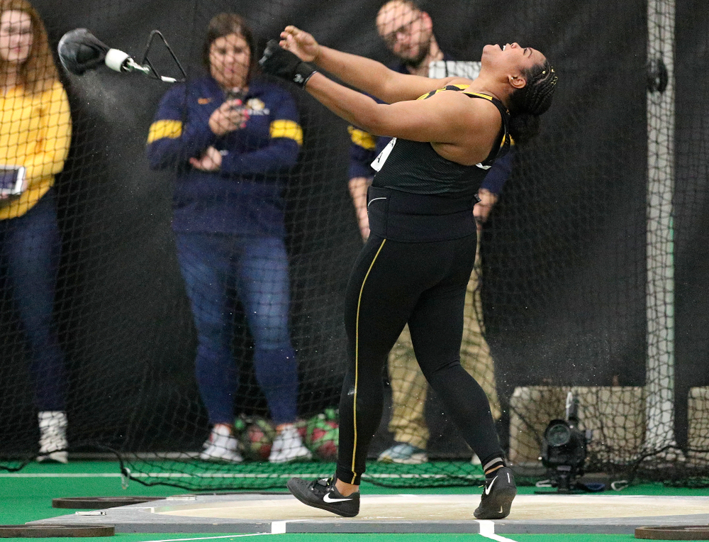 Iowa’s Laulauga Tausaga throws during the women’s weight throw event at the Hawkeye Tennis and Recreation Complex in Iowa City on Friday, January 31, 2020. (Stephen Mally/hawkeyesports.com)
