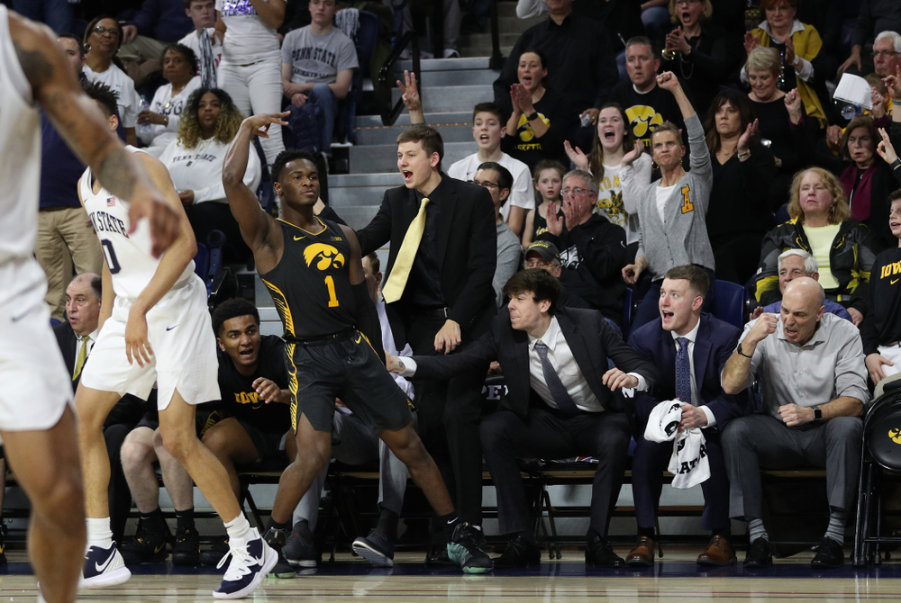 Iowa Hawkeyes guard Joe Toussaint (1) knocks down a three point basket against Penn State Saturday, January 4, 2020 at the Palestra in Philadelphia. (Brian Ray/hawkeyesports.com)
