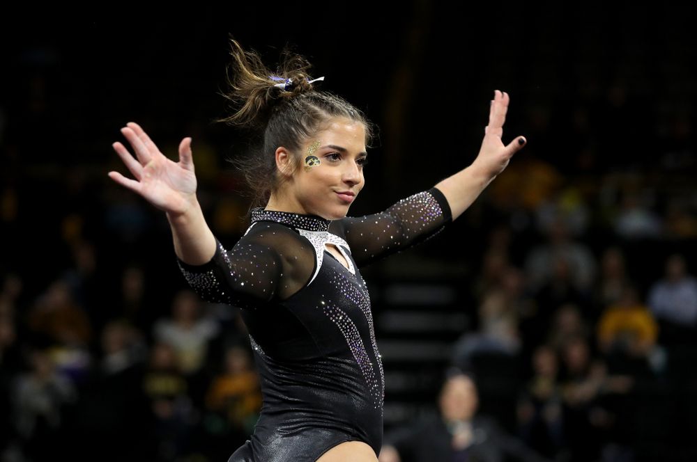 Iowa’s Ariana Agrapides competes on the floor against Michigan State Saturday, February 1, 2020 at Carver-Hawkeye Arena. (Brian Ray/hawkeyesports.com)
