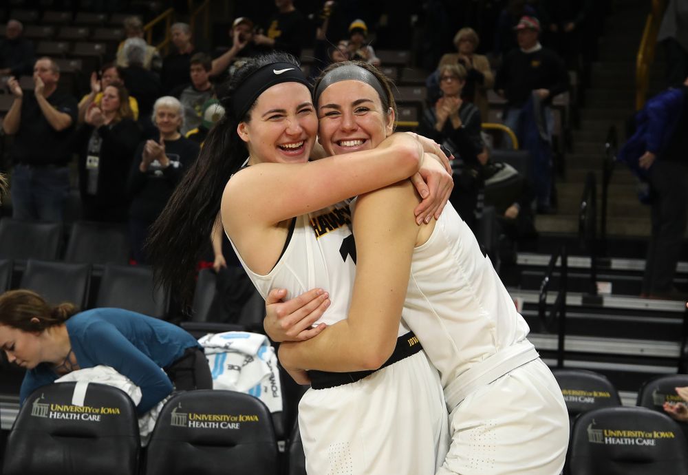 Iowa Hawkeyes forward Megan Gustafson (10) and forward Hannah Stewart (21) against the Northern Iowa Panthers in the Hy-Vee Classic Sunday, December 16, 2018 at Carver-Hawkeye Arena. (Brian Ray/hawkeyesports.com)