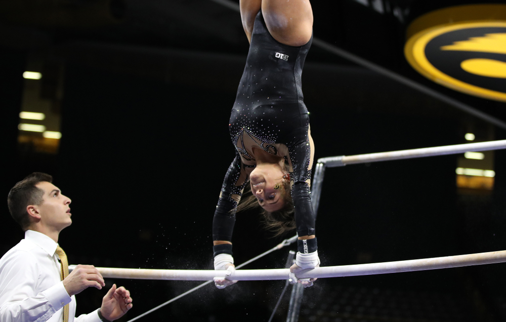 Iowa's Jax Kranitz competes on the bars during their meet against Southeast Missouri State Friday, January 11, 2019 at Carver-Hawkeye Arena. (Brian Ray/hawkeyesports.com)
