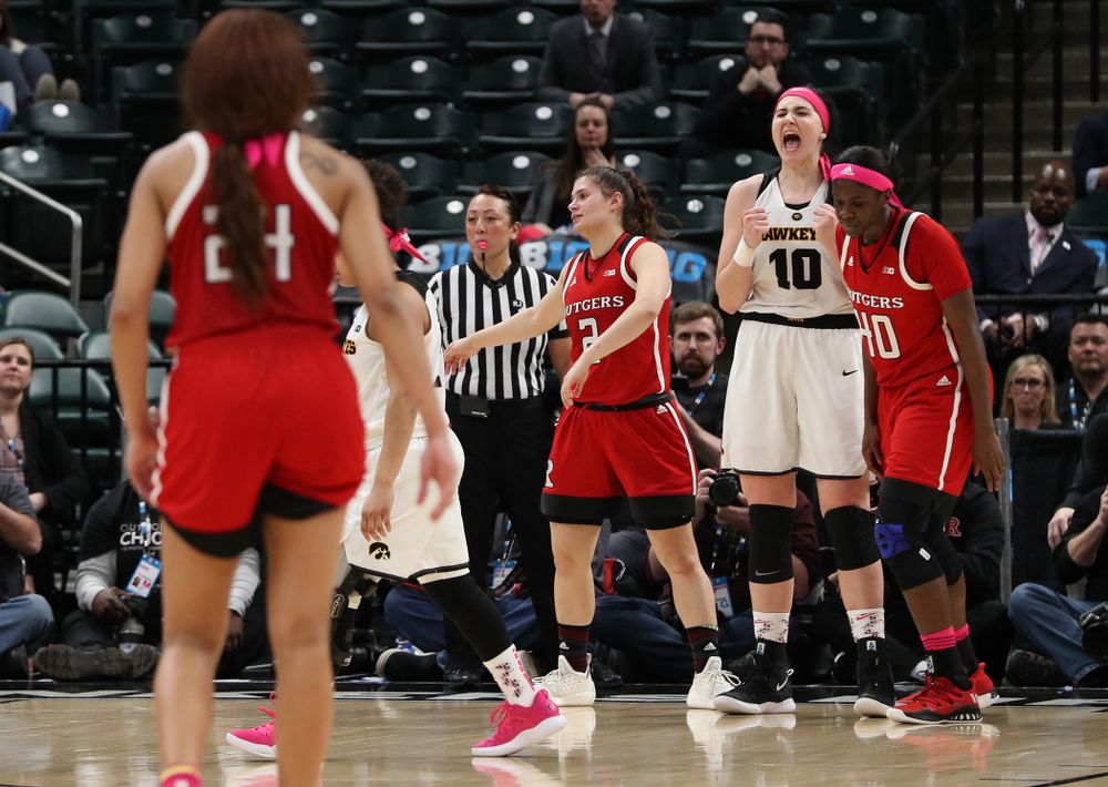 Iowa Hawkeyes forward Megan Gustafson (10) against the Rutgers Scarlet Knights in the semi-finals of the Big Ten Tournament Saturday, March 9, 2019 at Bankers Life Fieldhouse in Indianapolis, Ind. (Brian Ray/hawkeyesports.com)