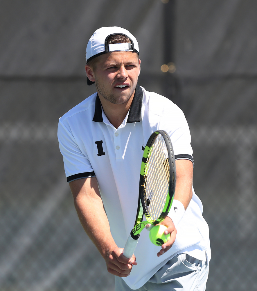 IowaÕs Oliver Okonkwo and Will Davies play a doubles match against the Michigan Wolverines Sunday, April 21, 2019 at the Hawkeye Tennis and Recreation Complex. (Brian Ray/hawkeyesports.com)