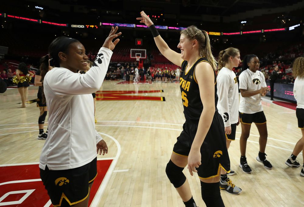Iowa Hawkeyes forward/center Monika Czinano (25) and guard Zion Sanders (21) against the Maryland Terrapins Thursday, February 13, 2020 at the Xfinity Center in College Park, MD. (Brian Ray/hawkeyesports.com)