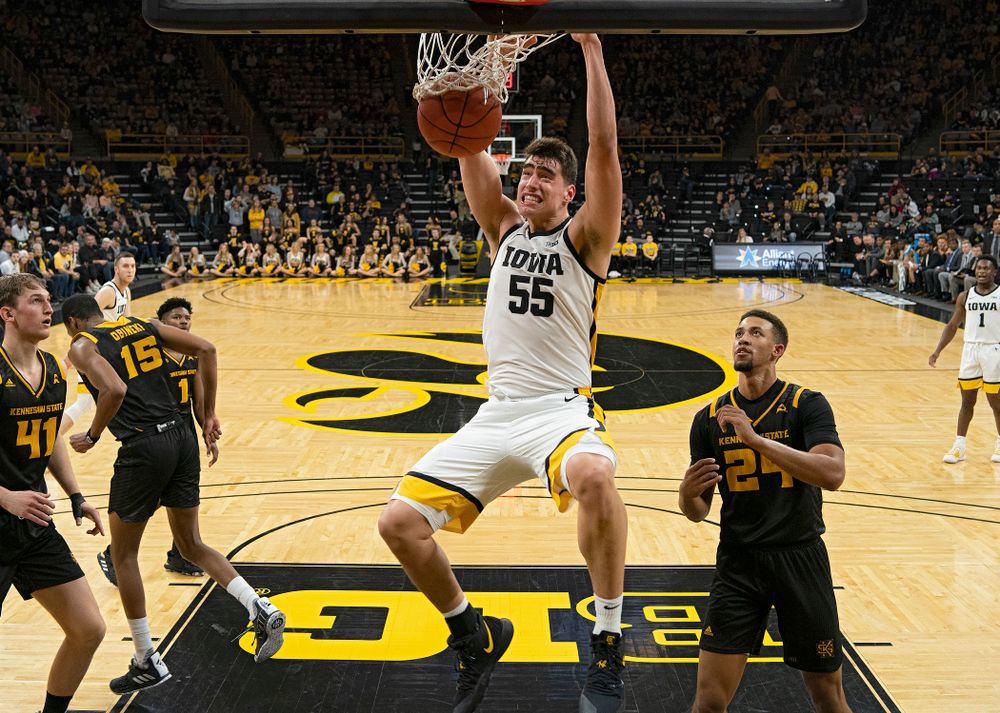 Iowa Hawkeyes center Luka Garza (55) dunks the ball during the second half of their their game at Carver-Hawkeye Arena in Iowa City on Sunday, December 29, 2019. (Stephen Mally/hawkeyesports.com)