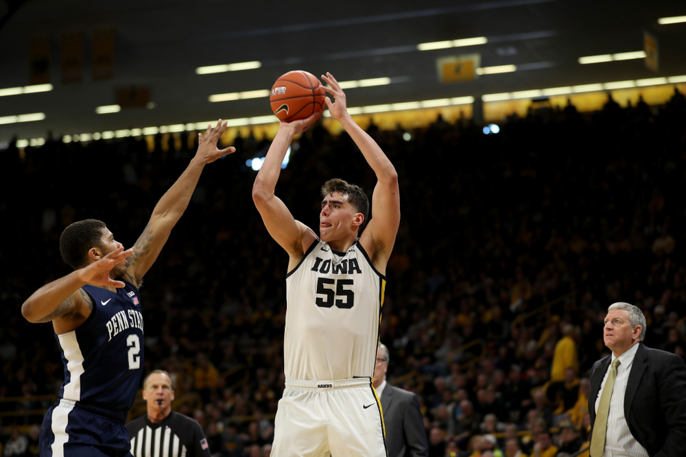 Iowa Hawkeyes forward Luka Garza (55) against Penn State Saturday, February 29, 2020 at Carver-Hawkeye Arena. (Brian Ray/hawkeyesports.com)