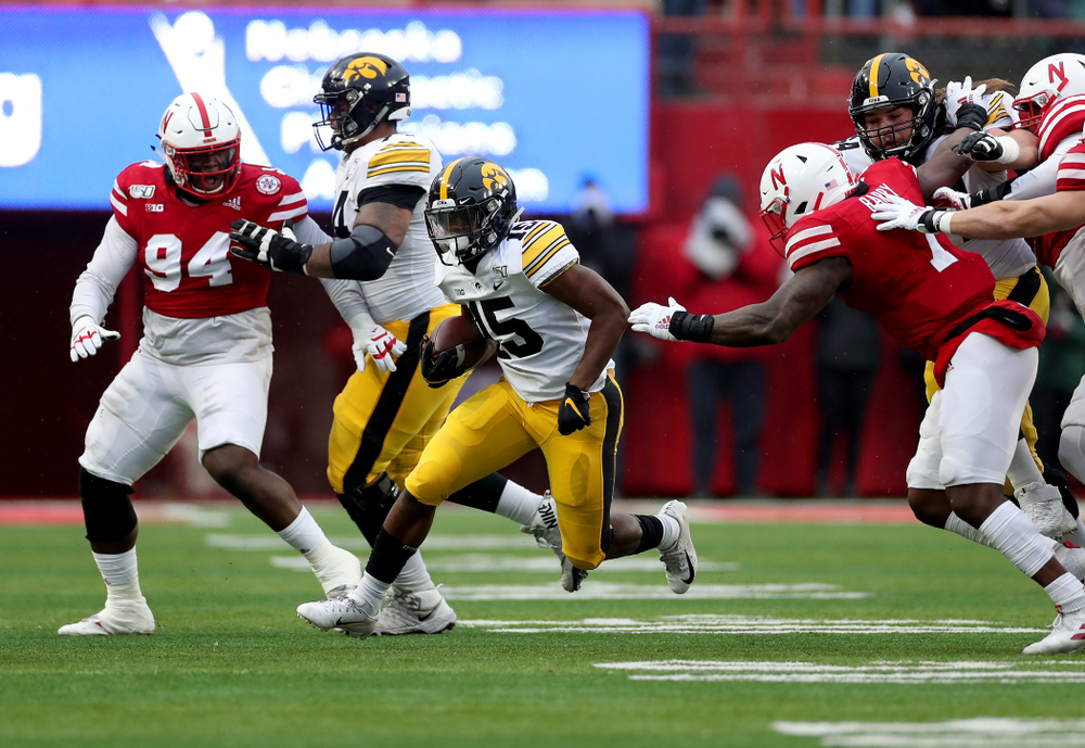 Iowa Hawkeyes running back Tyler Goodson (15) against the Nebraska Cornhuskers Friday, November 29, 2019 at Memorial Stadium in Lincoln, Neb. (Brian Ray/hawkeyesports.com)