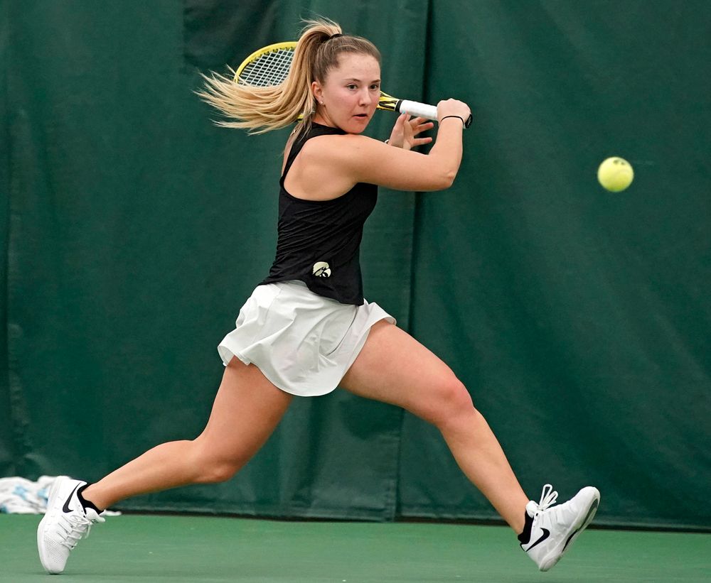 Iowa's Danielle Burich plays a match against Indiana at the Hawkeye Tennis and Recreation Complex in Iowa City on Sunday, Mar. 31, 2019. (Stephen Mally/hawkeyesports.com)