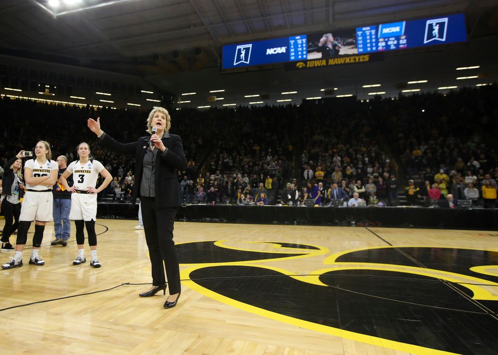 Iowa Hawkeyes head coach Lisa Bluder talks to the crowd after winning their second round game in the 2019 NCAA Women's Basketball Tournament at Carver Hawkeye Arena in Iowa City on Sunday, Mar. 24, 2019. (Stephen Mally for hawkeyesports.com)
