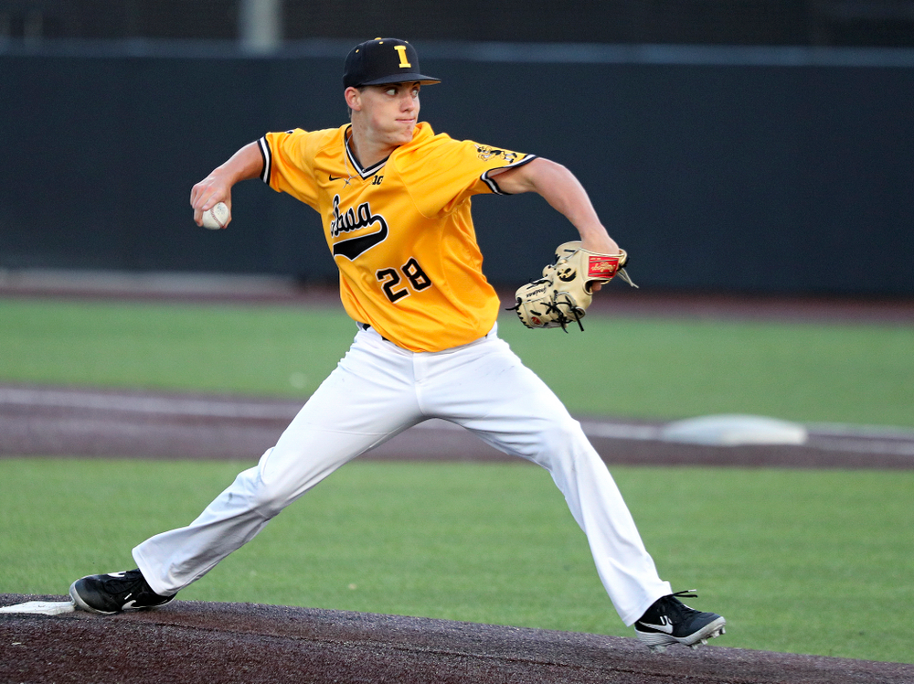 Iowa pitcher Sam Goodman (28) delivers to the plate during the seventh inning of the first game of the Black and Gold Fall World Series at Duane Banks Field in Iowa City on Tuesday, Oct 15, 2019. (Stephen Mally/hawkeyesports.com)