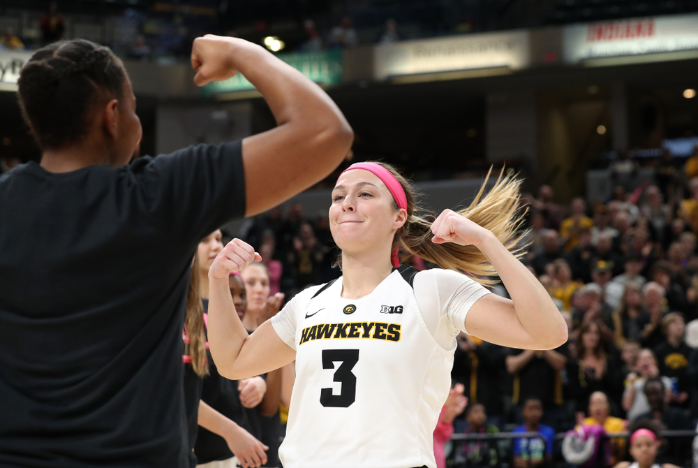 Iowa Hawkeyes guard Makenzie Meyer (3) against the Rutgers Scarlet Knights in the semi-finals of the Big Ten Tournament Saturday, March 9, 2019 at Bankers Life Fieldhouse in Indianapolis, Ind. (Brian Ray/hawkeyesports.com)